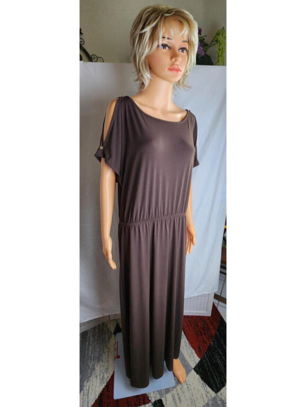 Chico's, dress, gold accents, stapple, Francine Split sleeve, maxi, brown, 2